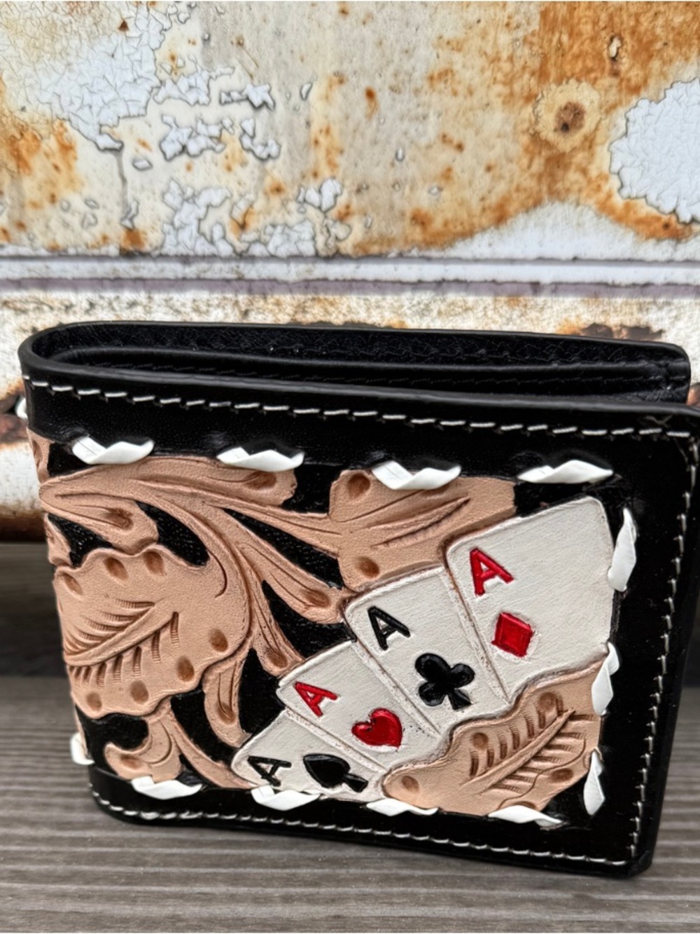 Men's Black & Tan Leather Wallet with Four Aces Card Design